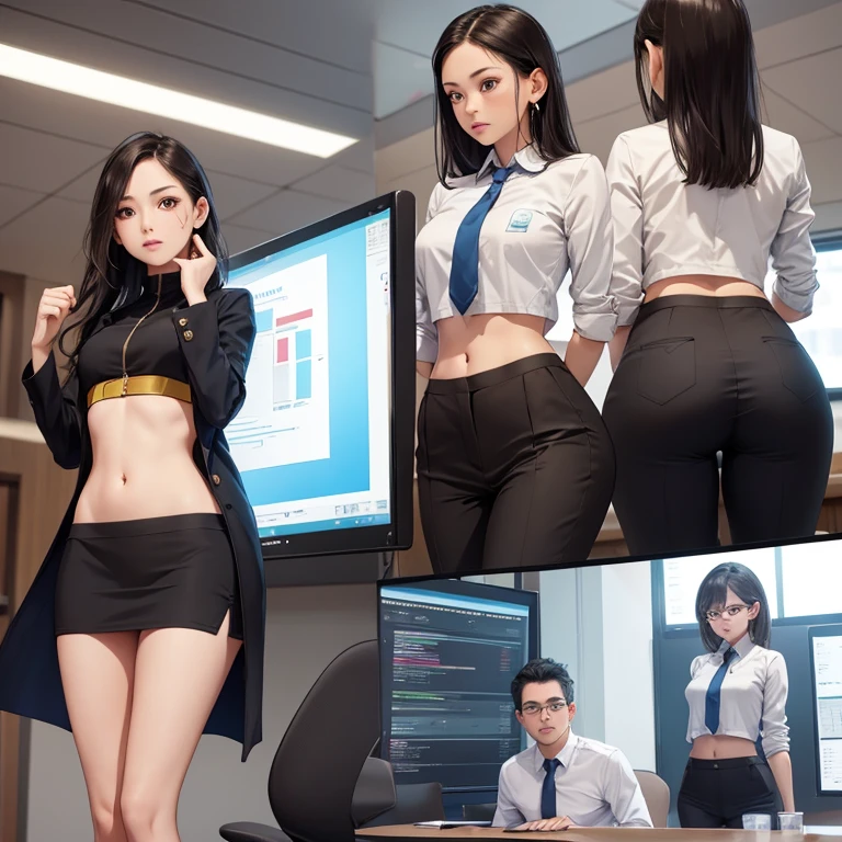 Three women in business clothes standing in an office, visual novel CG, Mentaley Trends, Showroom scene, cg art, promotional art, [ realistic pictures ]!!, pixiv 3DCG, giant shot, 2b, 2b, Games from Japanese studios, game CG, moody noir scene, ikki tousen, 3rd person game