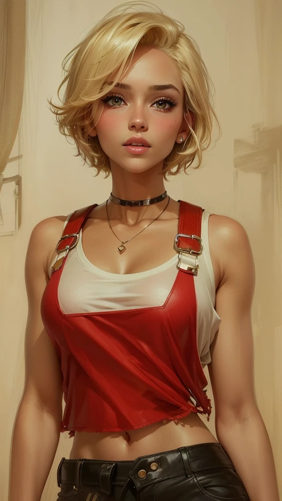  Beautiful girl , sexy slim fit body ,  short blonde hair, crop top  , blushed cheeks , pink lips ,   ,  