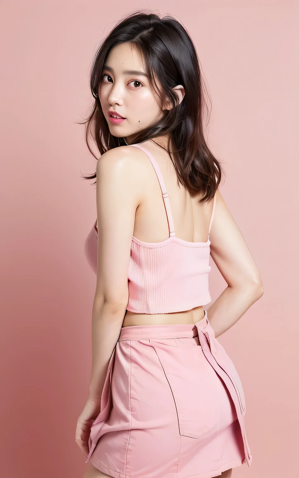 (Very detailed CG Unity 8k wallpaper, highest quality, Very detailed, masterpiece, Realistic, photo Realistic), Very detailedなかわいい女の子, 20-year-old, (((Roll up the skirt yourself))), (Lift it yourself), Cleavage:1.4 , Big Ass、Panty Focus, blush, Open your mouth,double eyelid、 Clear Eyes、turn around , whole body , (Pink Background), (sexy) , Bob Hair ,Perfect Anatomy、Beautiful body、gravure、