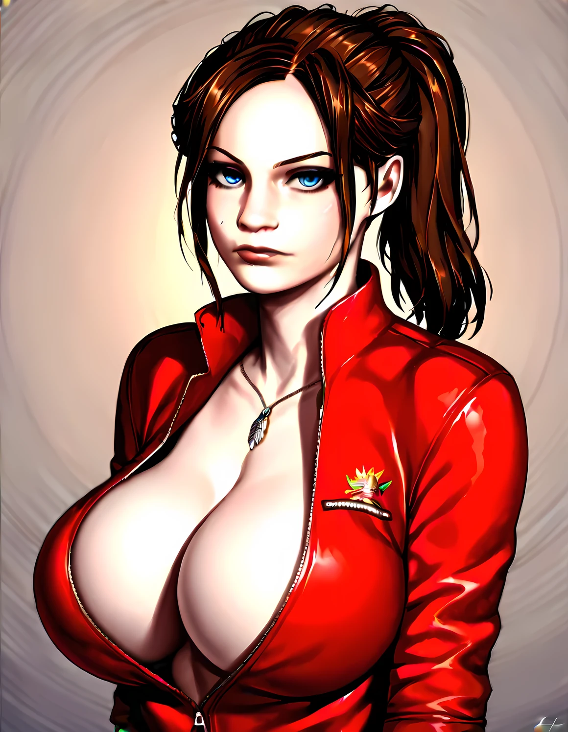 score_9, score_8_up, score_7_up, (female, solo, 1girl, Claire Redfield, Resident Evil), (brown hair, long hair with a ponytail, blue eyes, white skin), (using a red jacket), (masterpiece, perfect face, perfect body, perfect eyes, perfect hands, highly detailed), looking at viewer, ,  facial expression, , serious face, , ((( are totally covered))), (((No ))), deep cleavage, (full colored), (painted light color background), monochrome, OverallDetail, JanePorterXLP