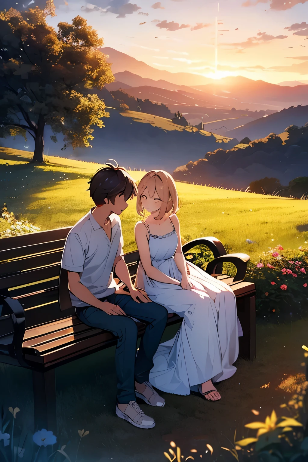 

A serene scene unfolds on a breezy hilltop under a sky painted in the soft hues of a setting sun. A girl and a boy sit comfortably on a large, weathered wooden bench overlooking a lush valley below. They are engrossed in conversation, sharing smiles and laughter. The girl, with her flowing hair catching the light, wears a floral dress that flutters gently in the wind. The boy, in a casual shirt and jeans, leans slightly forward, animatedly gesturing with his hands. Behind them, the silhouette of distant mountains is softly framed by the warm, golden glow of the sunset. The atmosphere is one of peaceful companionship and youthful joy, with nature's beauty providing the perfect backdrop to their moment of connection.