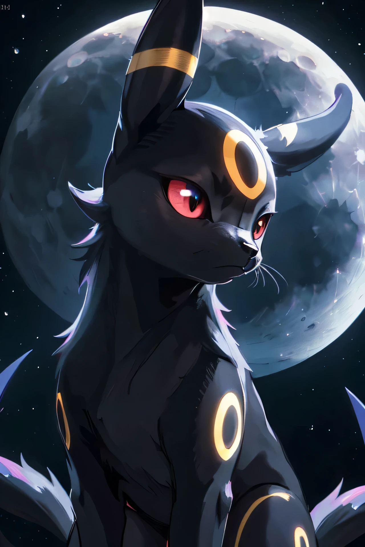 There is a moon in the background of Umbreon.It's shining brightly.High quality, Ultra detailed, best quality, insanely detailed, beautiful, masterpiece