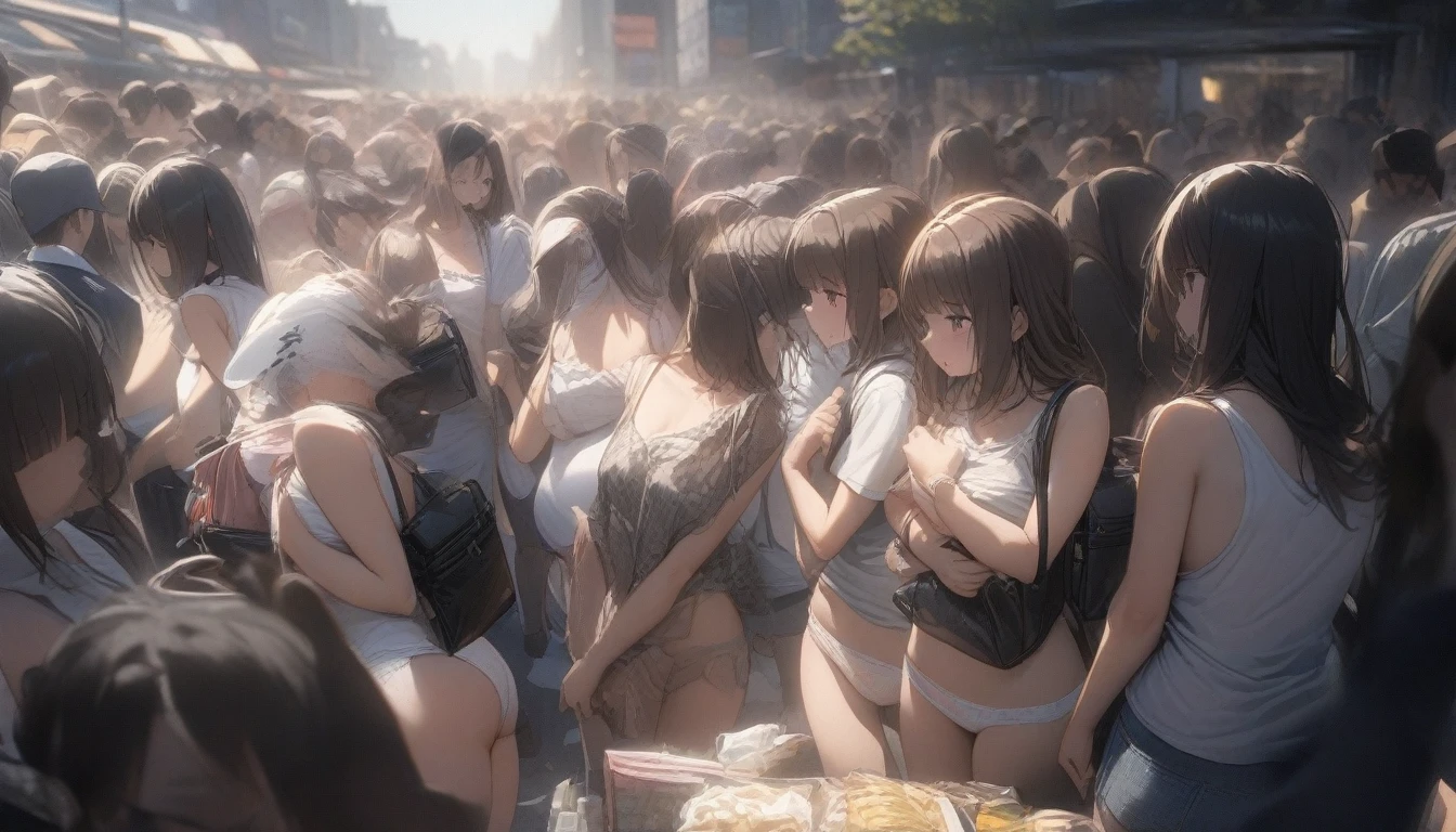 A crowd of girls wearing sleeveless white underwears, sleeveless White tank top underwear,sleeveless White camisole underwear, White panties underwear,leather shoes and shoulder bags commuting to work,Everyone in the same underwear,multiple girls, 20000+ girls,masterpiece,high detailed,best quality,crowded,crammed
