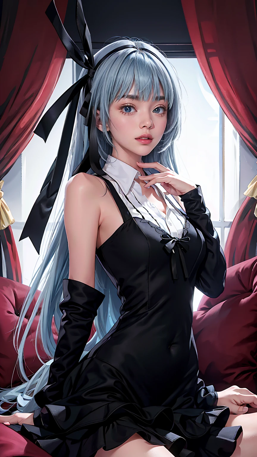 Perfect quality, good quality, masterpiece, High resolution, 超High resolution,One girl,luminous valentine,View your viewers,Red eyes, blue eyes, Heterochromia iridis,(Blue Hair,Long Hair), (Black Ribbon:1.2)