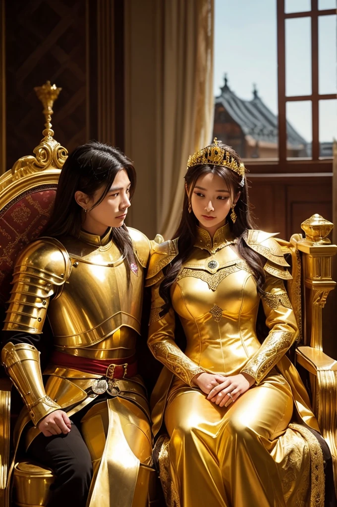 A very beautiful woman sits on a throne dressed in gold、Behind the woman is a knight who protects her.、She has ample breasts、The woman looks down on me.
