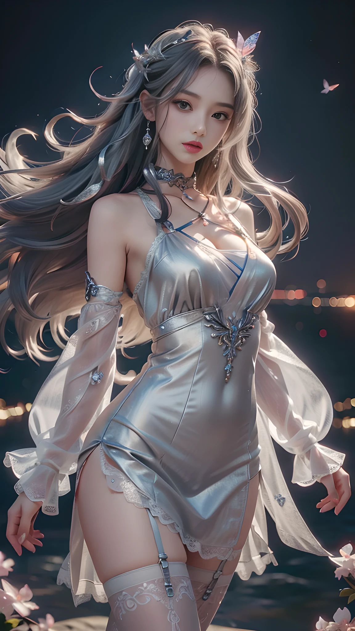 8K, ultra HD, masterpiece, realistic, 1 girl, good face, smoggy makeup, very long hair, princess hairstyle, detailed eyes, detailed lips, medium figure, very detailed dress, (silver dress:1.5), (strap:1.5), (lace:1.5), (net stocking:1), (jewelry:1.8), (disney castle), night sky, water, bloom lighting, night lighting, darkness, attractive poses,