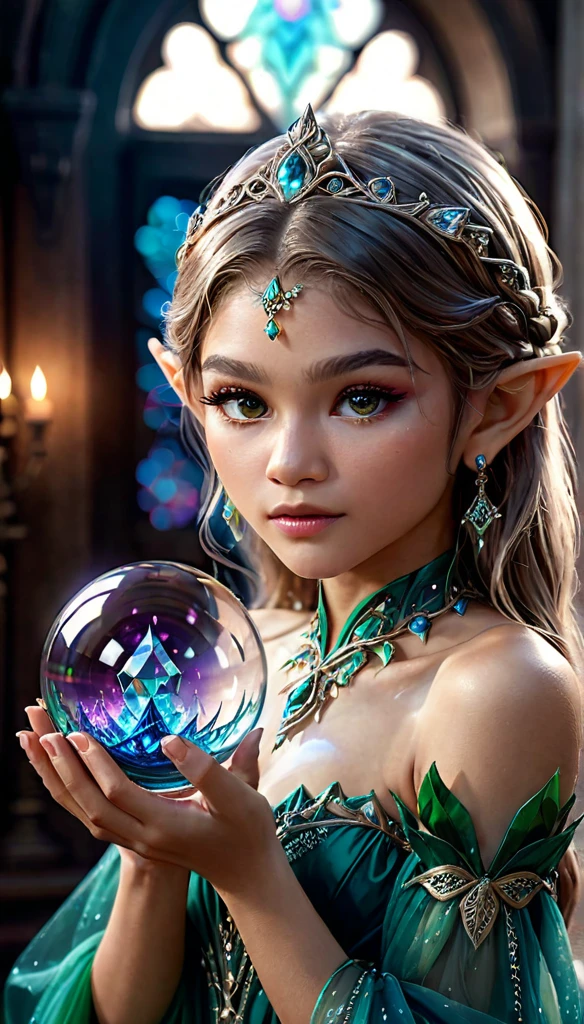 A beautiful elf girl with Zendaya's face, small elf's ears, holding a magical glass sphere, wearing a stunning princess dress, surrounded by a magical aura, (best quality,4k,8k,highres,masterpiece:1.2),ultra-detailed,(realistic,photorealistic,photo-realistic:1.37),extremely detailed eyes and face,longeyelashes,detailed dress,intricate magical glass sphere,mystical aura,fantasy,concept art,vibrant colors,dramatic lighting