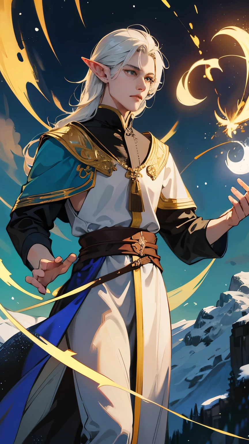 character: this is a young elf guy, approximately 2 meters tall, sports, but slightly elongated. He has dark skin, bright golden eyes and ears of medium size for an elf. His hair is snow-white, like the moon shining, wavy and slightly below the shoulders. By origin he is a magician of greenery and light..
Background: character stands in a small meadow, around which the forest is located. night, the moon is shining high in the sky.
character стоит прямо по расположению к нам, dressed in the robes of an adventurer-tracker and in the dead of night casts one of his spells, holding an ancient tome in his hands. Symbols flicker around him, small clots of light magic.
Art in high quality, without piled up, but with good attention to detail.
