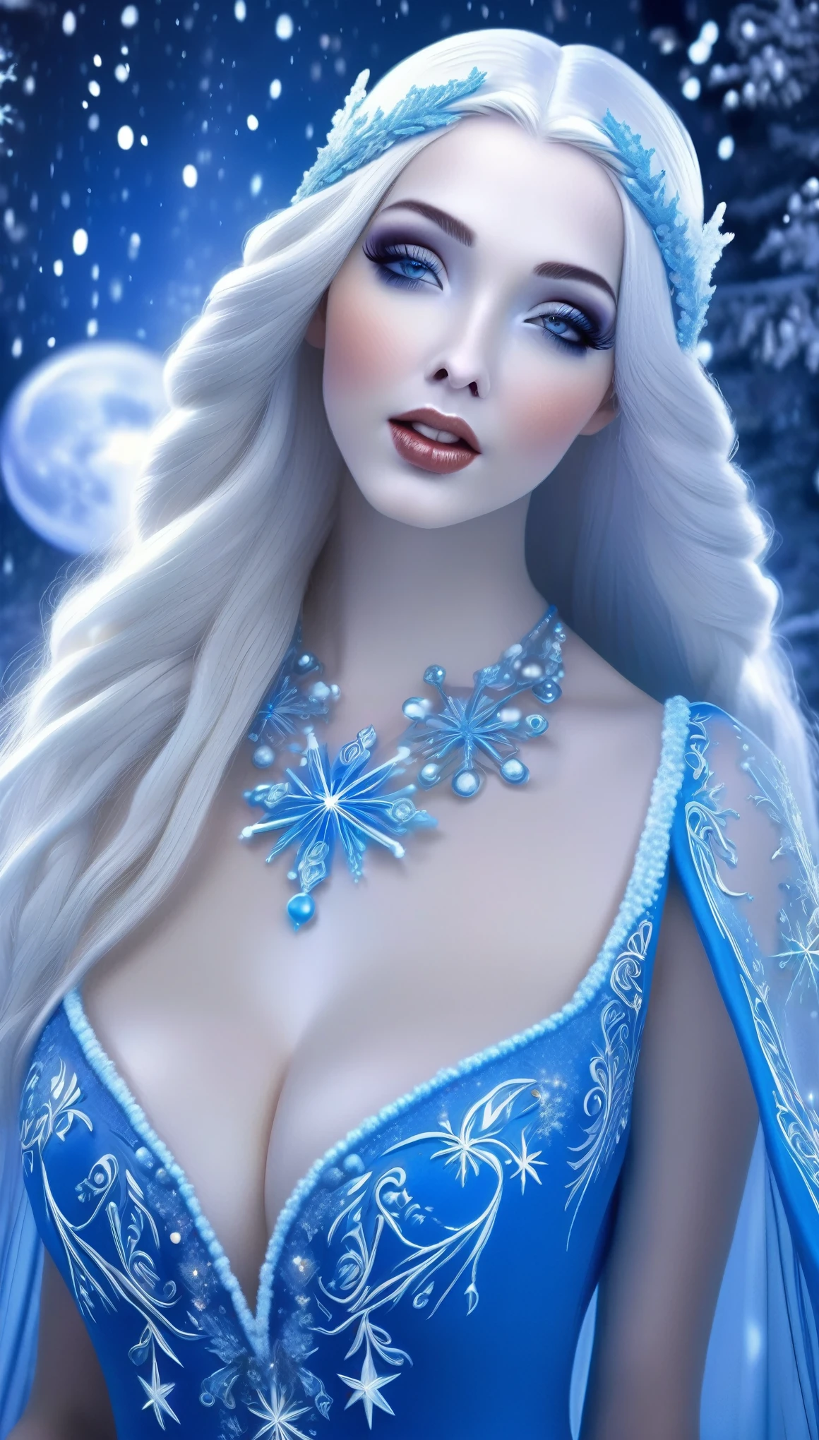 a gorgeous frost elf woman with pale blue eyes and lips, ceramic white skin, in a sheer blue dress with snowflake embroidery, playing in a winter wonderland at night, starry sky, snow-covered trees, glowing moon, magical atmosphere, detailed face and clothing, ultra-detailed, 8k, photorealistic, dramatic lighting, fantasy art (show her entire body, head to toe, show all of her)