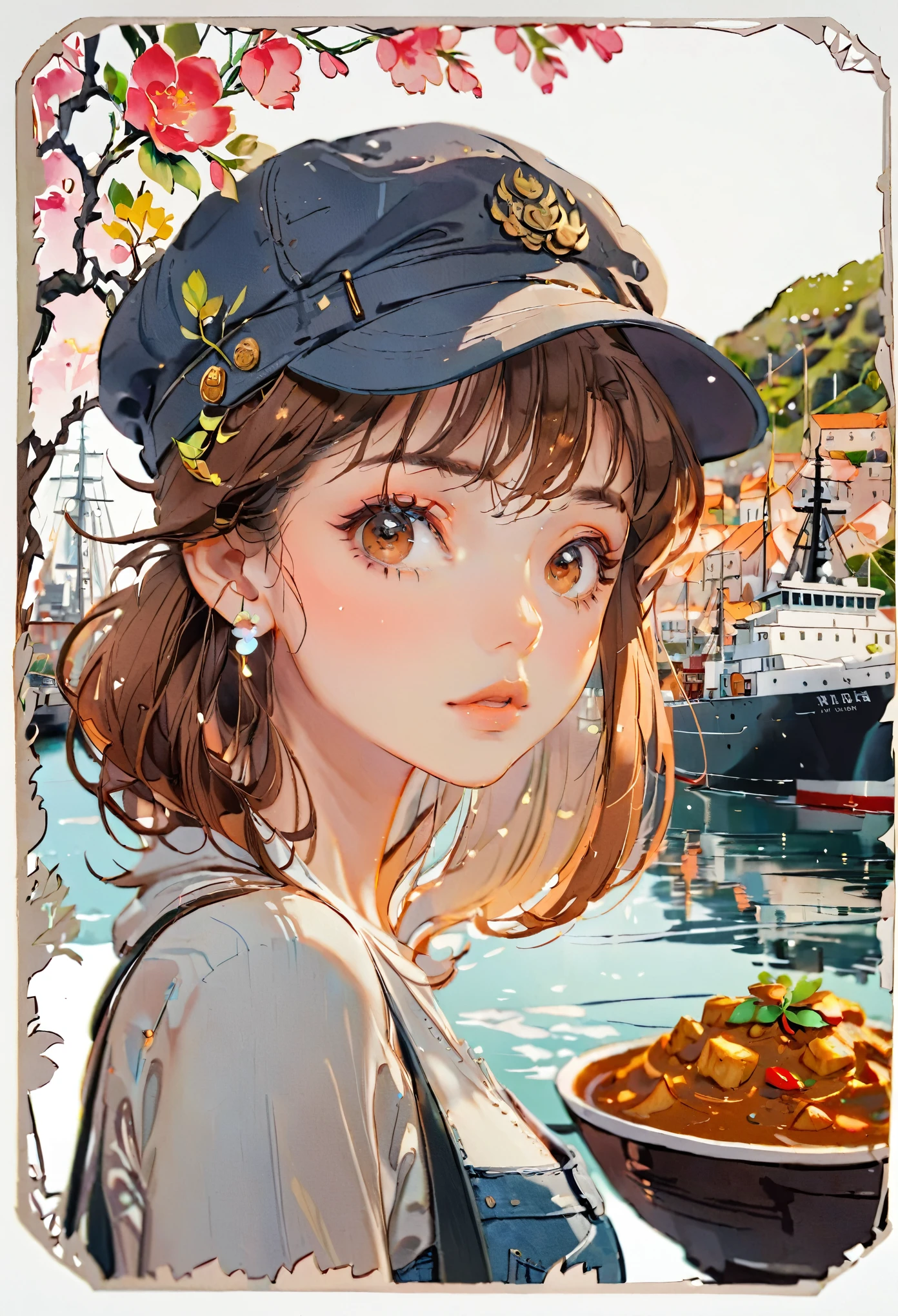 (((paper cutting style))), 1 girl, short brown curry hair, cap, shirts and denim, portfolio, harbor and ship