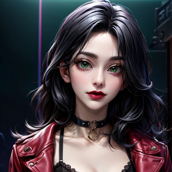1 woman of 30 years old, {{{very long messy black hair}}}, {{{green eyes}}}, lace lingerie with a red leather jacket, leather choker cleavage, small smile, red lipstick, inside a nightclub with rainbow neon lights, {best quality.}, {highreaasterpiece.}, {{{medium close up.}}}, {facing viewer}