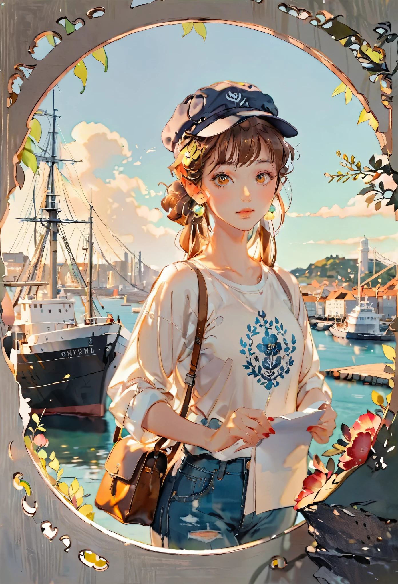 (((paper cutting style))), 1 girl, short brown curry hair, cap, shirts and denim, portfolio, harbor and ship