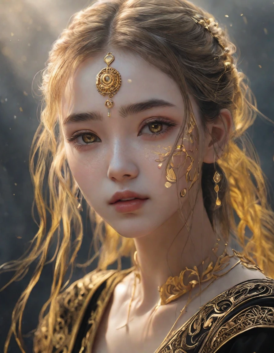 (1 girl:1.3), alone,__body parts__Upper Body Shot, official art, Integrated 8K wallpaper, very detailed, fair and aesthetic, fair, masterpiece, best quality, raw, masterpiece, very detailed photos,, best quality, ultra high resolution, lifelike, sunlight, full body portrait, stunningly fair,, dynamic pose, delicate face, lively eyes, (in front view), black and gold, detailed face, Detailed complex busy background, very cool, sharp focus, volumetric fog, 8K Ultra HD, SLR camera, high quality, film grain, White skin, photorealism, photography, View below, transparent