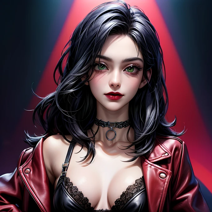 1 woman of 30 years old, {{{very long messy black hair}}}, {{{green eyes}}}, lace lingerie with a red leather jacket, leather choker cleavage, small smile, red lipstick, inside a nightclub with rainbow neon lights, {best quality.}, {highreaasterpiece.}, {{{medium close up.}}}, {facing viewer}