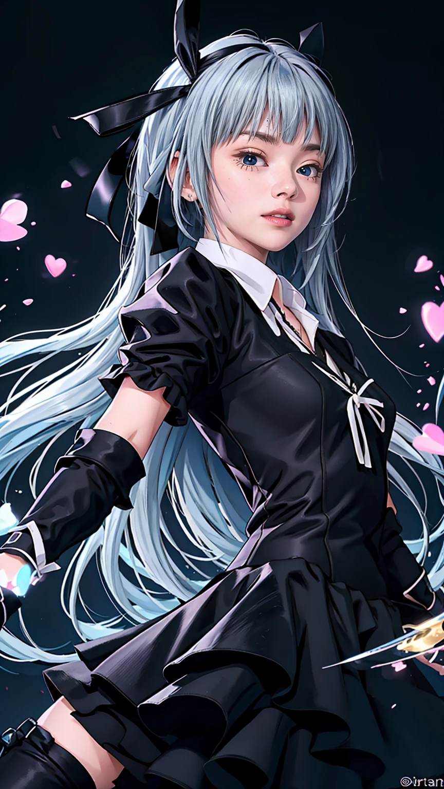 Perfect quality, good quality, masterpiece, High resolution, 超High resolution,One girl,luminous valentine,View your viewers,Red eyes, blue eyes, Heterochromia iridis,(Blue Hair,Long Hair), (Black Ribbon:1.2)