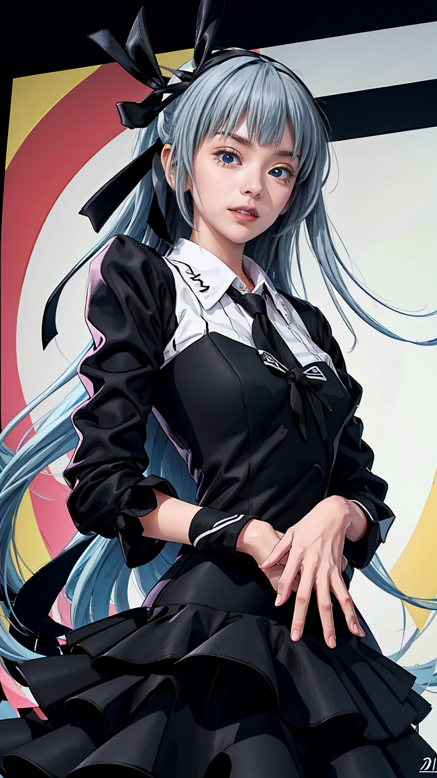 Perfect quality, good quality, masterpiece, High resolution, 超High resolution,One girl,luminous valentine,View your viewers,Red eyes, blue eyes, Heterochromia iridis,(Blue Hair,Long Hair), (Black Ribbon:1.2)