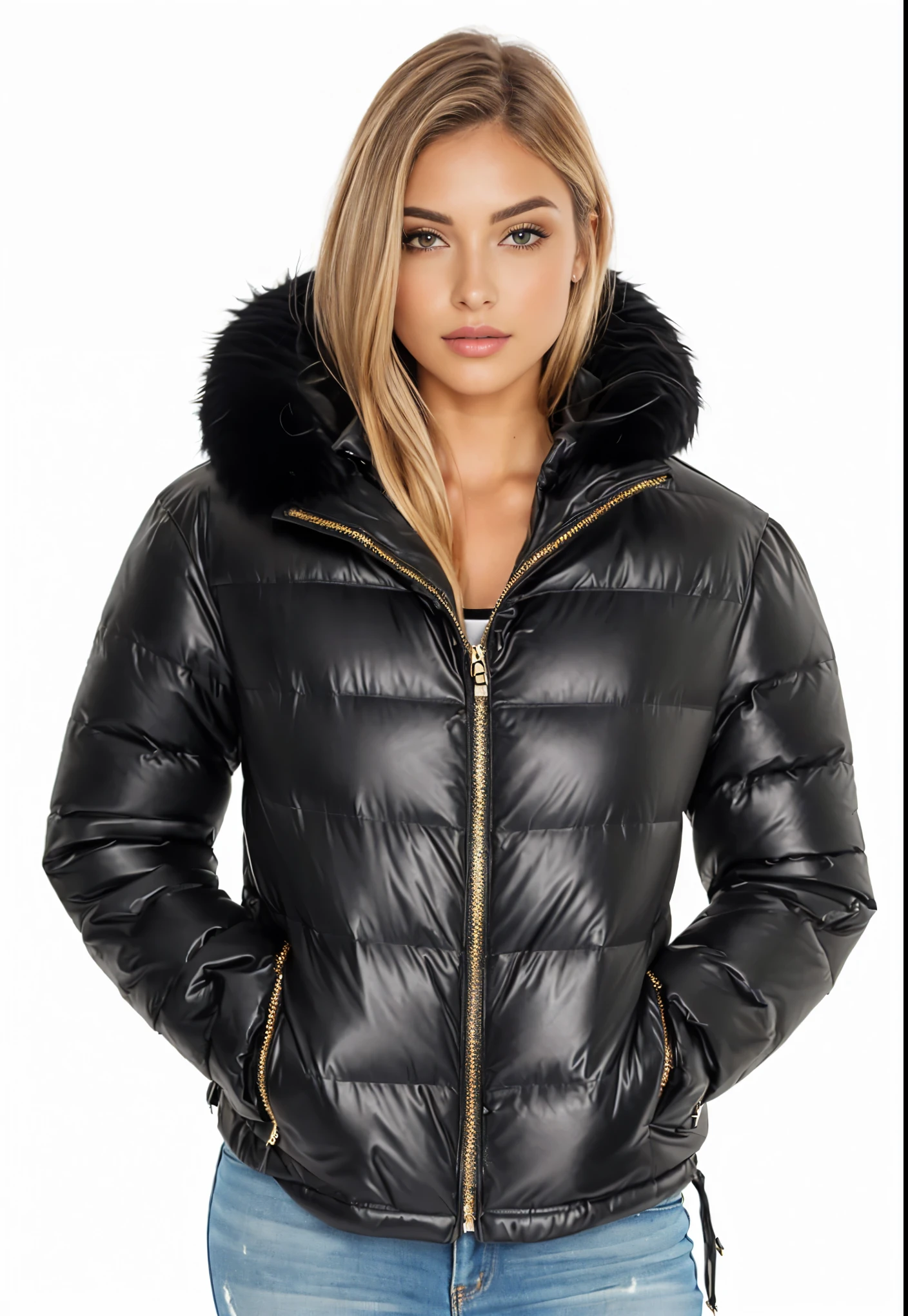 a woman wearing a black jaqueta with a fur collar, black jaqueta | brilhante, model wears a puffer jaqueta, puffer jaqueta, casaco para rave com pelo, encapuzado, capuz de pele, black jaqueta, jato casaco preto tufo, jaqueta, leather fur jaqueta, pelo preto, ou preto, short jaqueta, fur jaqueta, embaralhamento dos namorados, studio quality
