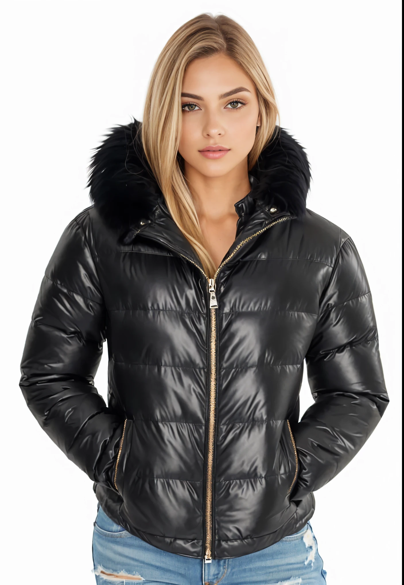 a woman wearing a black jaqueta with a fur collar, black jaqueta | brilhante, model wears a puffer jaqueta, puffer jaqueta, casaco para rave com pelo, encapuzado, capuz de pele, black jaqueta, jato casaco preto tufo, jaqueta, leather fur jaqueta, pelo preto, ou preto, short jaqueta, fur jaqueta, embaralhamento dos namorados, studio quality
