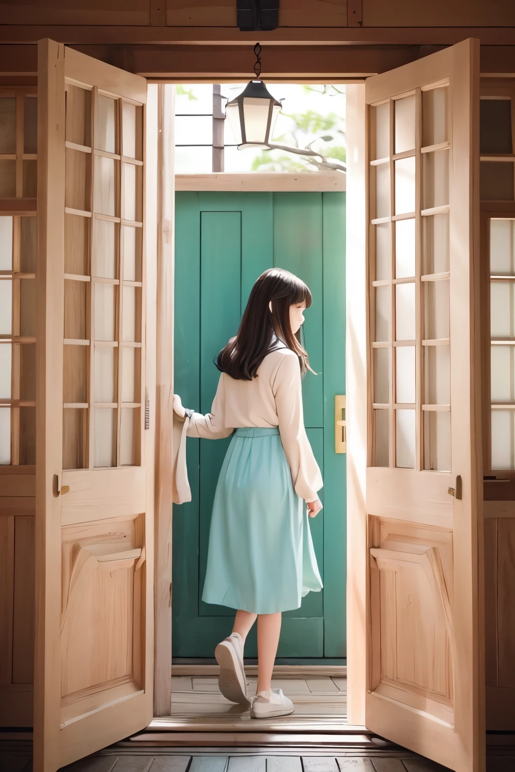 The style is line drawing illustrations.４Please create it in pastel colors.。「A 20-year-old Japanese woman enters a fictional world、Open the wooden door from this side to the other side of the movie-like everyday life１I&#39;m taking steps、 With a hopeful smile、Line drawing illustration of something I&#39;m about to head towards。The door, the woman, and the background、Line drawing illustration please。Overall it feels bright」