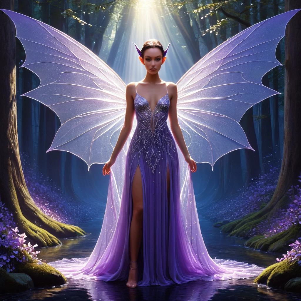 High Resolution, High Quality , Masterpiece. Hyper-realistic illustration by Christopher Bucklow, an ethereal winged elf princess dressed in elegant attire, ears elongated and delicate, eyes large and filled with innocence, her presence mirroring the whimsical appeal of J. Scott Campbell's style towards feminine forms, Long Dress made of a web of flowers and purple diamond, nestled in the heart of an enigmatic, lush woodland next to a mysterious, gem-toned stream, teeming with the magic of the forest, detailed textures, digital masterpiece, octane rendering.