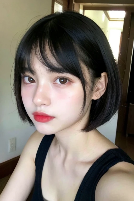 A 17 years old girl black hair light green eyes beautiful  red lips prefect face real life girl selfie photo realistic Japanese girl  short hair bangs  hiding face 