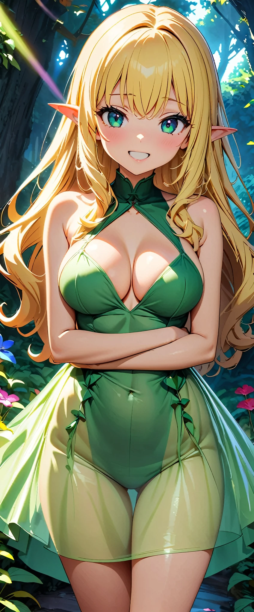 (最high quality:1.2, Anime artwork, Anime Style, Studio Anime, Very detailed, up to date, Vibrant, Anime Coloring, High Contrast, masterpiece:1.2, 最high quality, Best aesthetics), 1 female, alone, Fairy, The body is slim, ((Fairy)), blonde, (Small face), ((Her breasts are big)), ((Green Dress, Fascinating Dress, Transparent dress, Light effects)), (((Captivating and lascivious curves))), 飛んでいる小さなFairy, , in the forest, 森に住むFairy, Forest and flower background, blonde, Long Hair, Laughing with your mouth open:1.2, (Pointed Ears, Fairy), Normal hip joint, Cowboy Shot, Put your arms behind your head, (Color coding, Sexy Fishnet Stockings), Beautiful Skin, Beautiful Skin, Perfect Fingers, Five Fingers, Anatomically correct, Background Blur, high quality, Surreal, Bright colors,