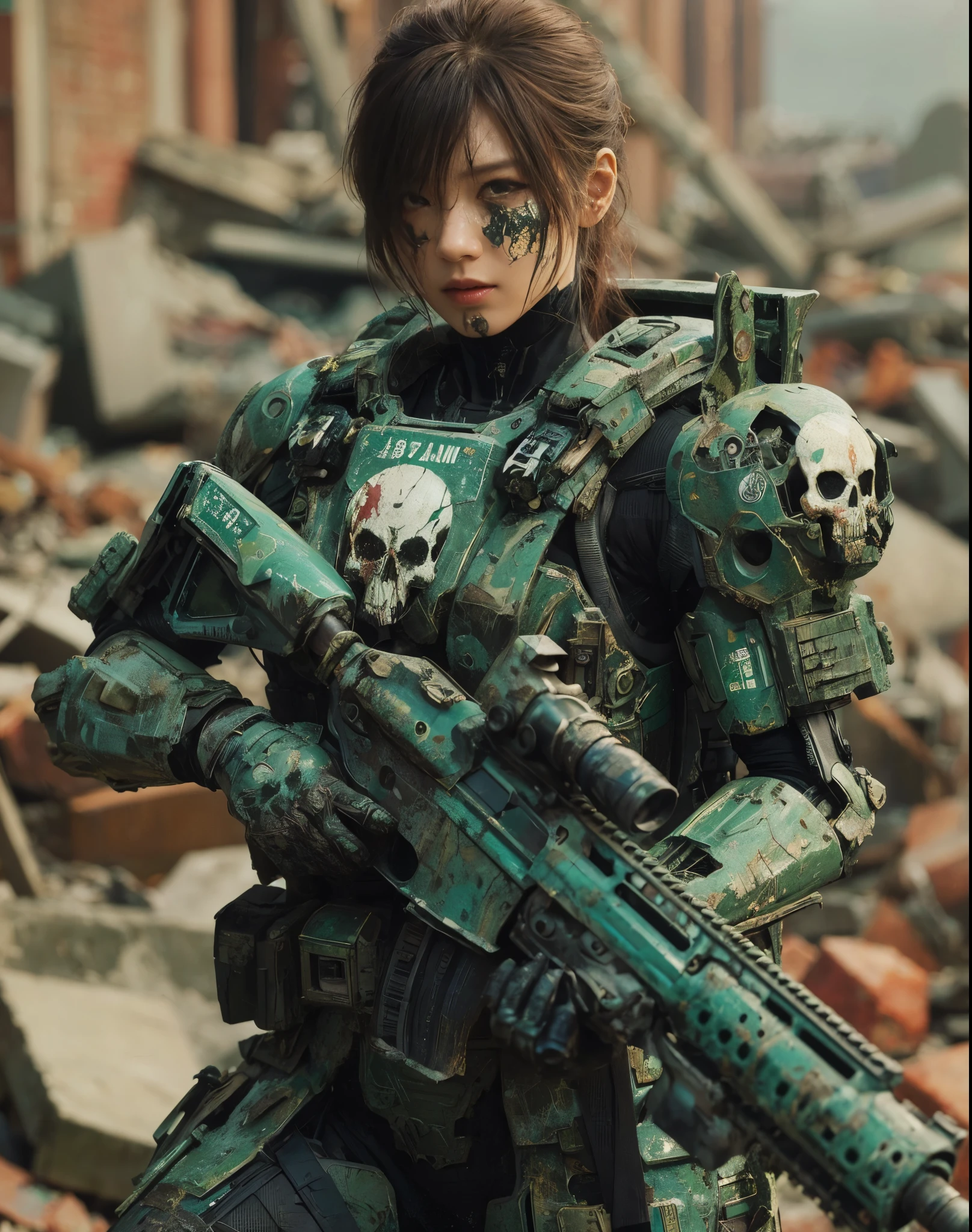 8k,Realistic Skin Texture、Superrealism、Realistic Photo、A futuristic Japanese female soldier stands amongst rubble、Damaged moss green metal armor、Skull mark painted on armor、Painting of the unit and identification number、Peeling paint、Oil stains、Energy Rifle、fighting spirit、Detailed Description、Dynamic pose