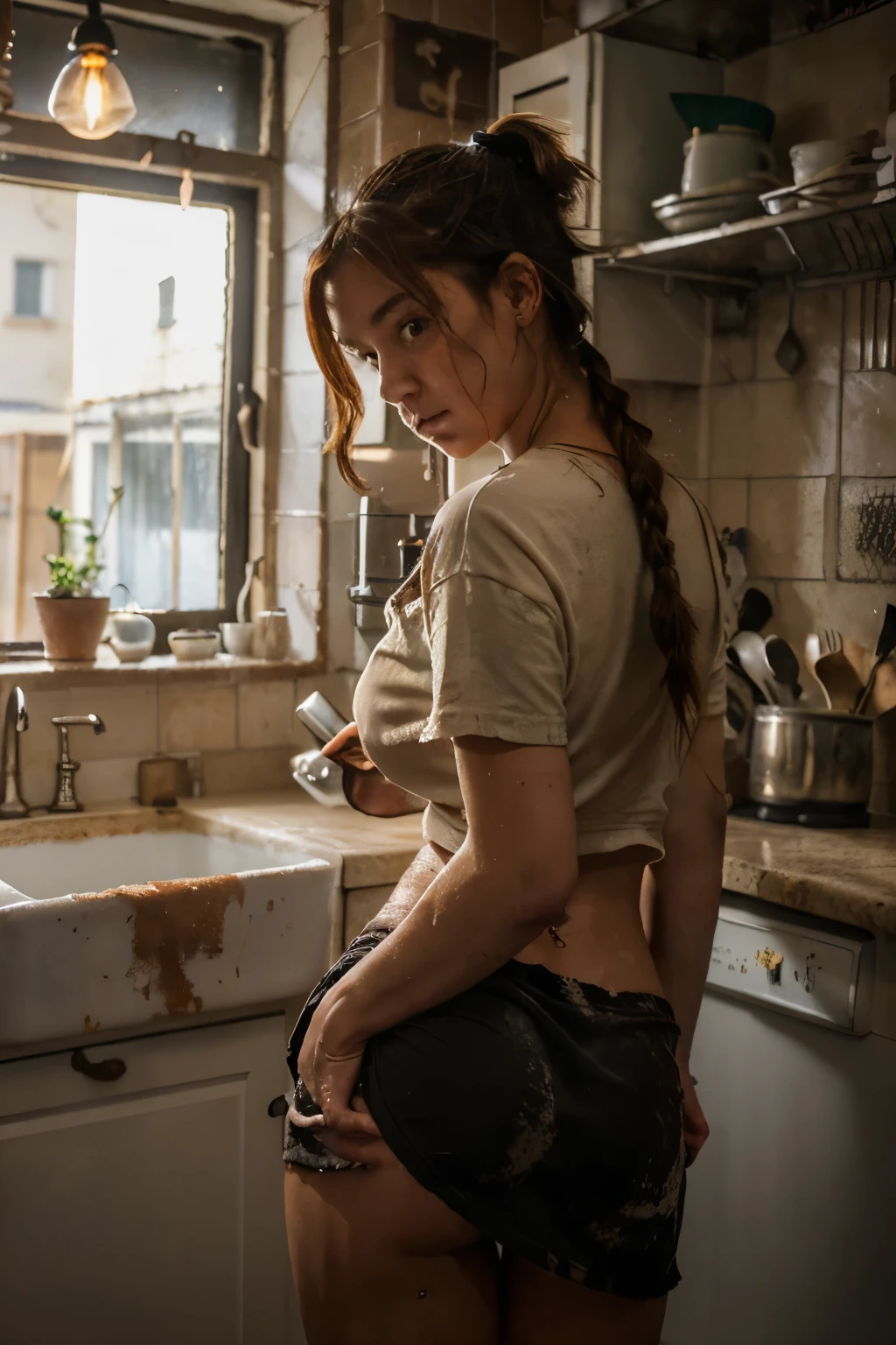 ((black g string)) solo girl, 1 girl only, Small run-down kitchen, warm lighting and shading, (cramped, dirty kitchen with dishes out) , (greek woman with ginger pigtail hair leaning back against the counter, sad girl, sad expression, depressed, wearing baggy shirt, ((dirty face)) , claustrophobic shot, Masterpiece, best quality, small tits, bowl of spaghetti on counter, (old fixtures) , ((dirty counter)), showing her ass, black g string