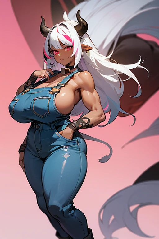 8k_wallpaper, extremely detailed eyes, extremely detailed body, (large masterpiece digital art), (detailed manga illustration), (detailed line art), ((perfect anatomy)), (intricate details:1.3), (ultra-detailed:1.3), (illustration:1.3), (sharp focus:1.3), (natural lighting:1.05), (vivid colors:1.3), (masterpiece), (best quality:1.4), (perfect anatomy:1.4), high quality, expressive eyes, full body, tall girl, detailed face, beautiful face, perfect face, detailed ((white hair)), (black hair), (pink eyes), {{dark skin}}, ({dark skinned female}), cow girl, gigantic breasts, thick thighs, very long hair, bare shoulders, denim, (blue overalls), overalls, dynamic lighting, cow print, high resolution, 4k resolution, dynamic pose, silver jewelry, {fantasy farm background}, choker, (cow ears), {{cow tail}}, (tail), ((streaked hair)), wide hips, thighhighs, horns, {cow horns}, animal ears, skin dentation, curvy, plump,