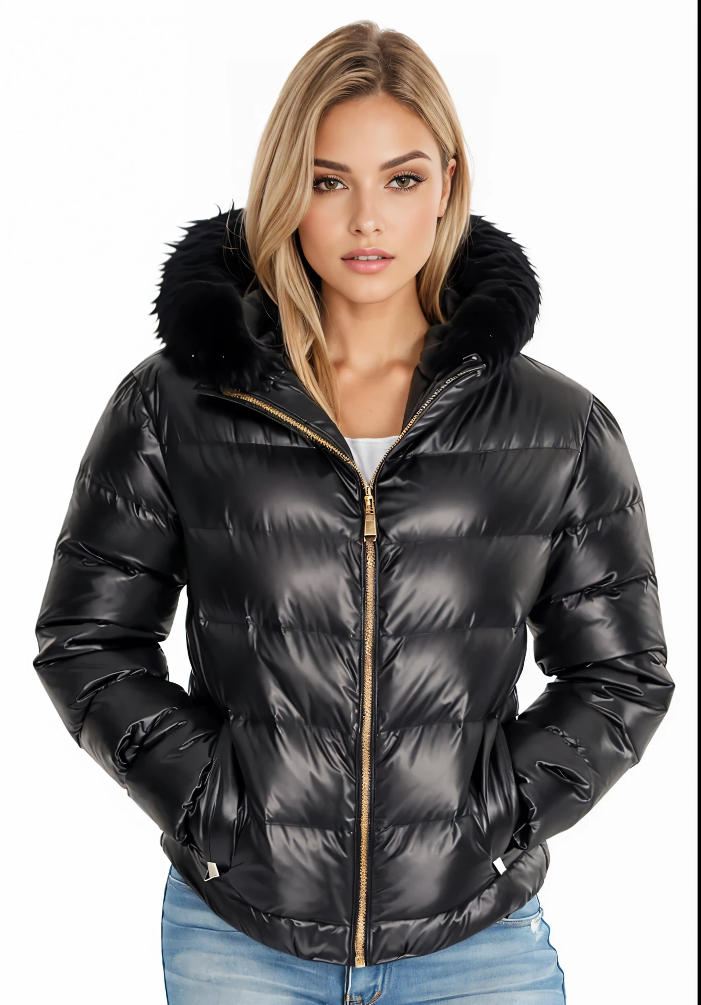 a woman wearing a black jaqueta with a fur collar, black jaqueta | brilhante, model wears a puffer jaqueta, puffer jaqueta, casaco para rave com pelo, encapuzado, capuz de pele, black jaqueta, jato casaco preto tufo, jaqueta, leather fur jaqueta, pelo preto, ou preto, short jaqueta, fur jaqueta, embaralhamento dos namorados, studio quality