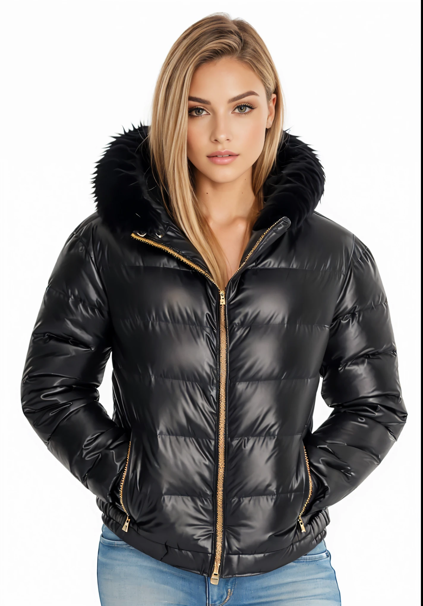 a woman wearing a black jaqueta with a fur collar, black jaqueta | brilhante, model wears a puffer jaqueta, puffer jaqueta, casaco para rave com pelo, encapuzado, capuz de pele, black jaqueta, jato casaco preto tufo, jaqueta, leather fur jaqueta, pelo preto, ou preto, short jaqueta, fur jaqueta, embaralhamento dos namorados, studio quality