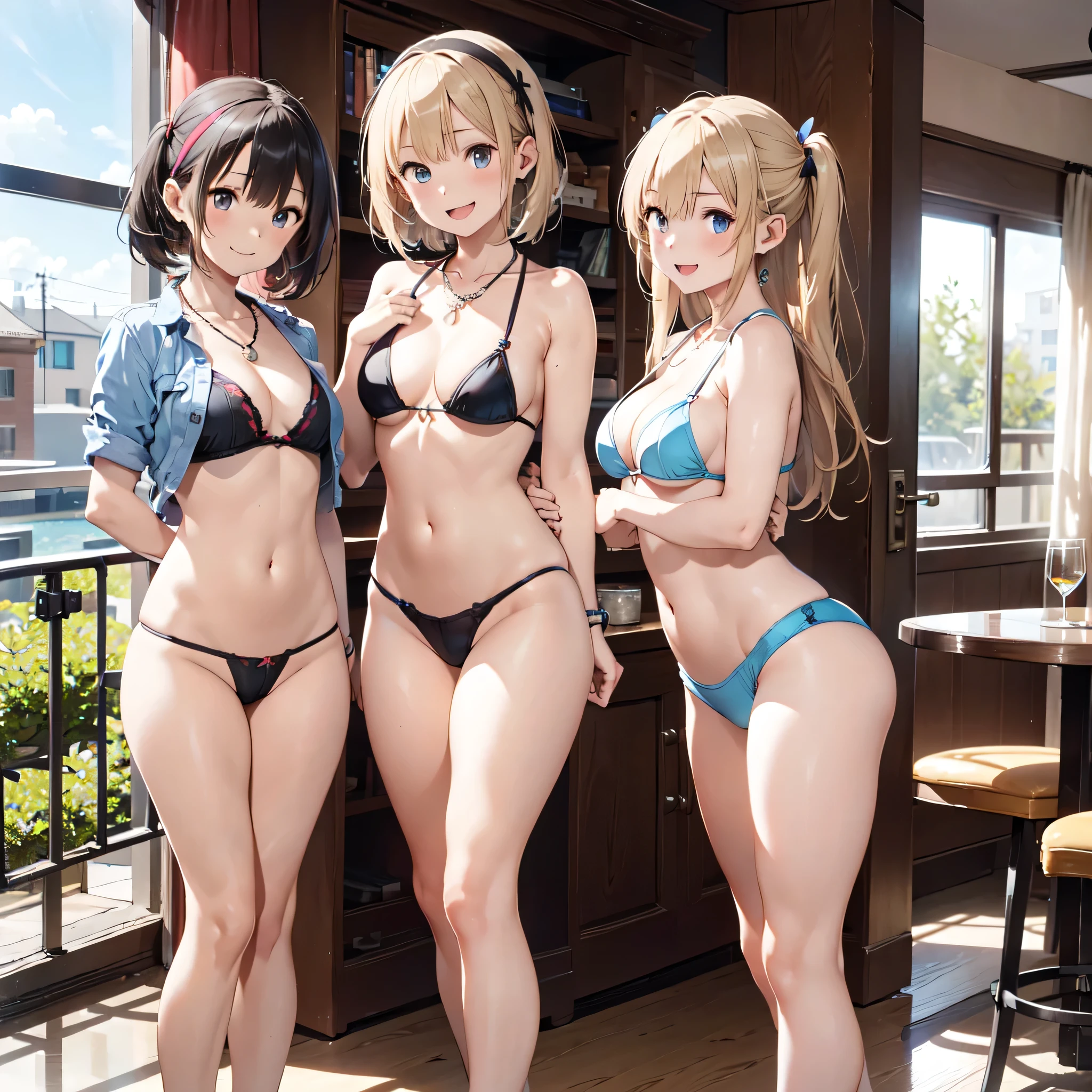 ((highest quality)), ((masterpiece)), (3 girls:1.5), Three cute girls are posing for the camera in a hot spring at night。,  (shirtを持ち上げる:1.3), (three people standing in a row), (Close-up shot from the waist up), (open your mouth and smile:1.3), ray tracing, ((topless)), (), nipple, chest, hair band, head band, hair bobble, blouse, shirt, (high resolution face:1.5), (High definition finger 1.5), 4--old,years ors old, 7 yea(No panties)), Pussy, No skirts, Asian, Westerners, silver hair, brown hair, blonde, (belly button), jewelry, looking at the viewer, necklace, long hair, short hair, (abs),(written boundary depth),