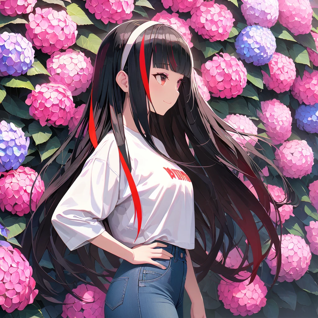 (best quarity,ultra detailed,ultra-high-resolution, absolutely resolution,8k, masterpiece), very-cute-and-beautiful-anime-girl, walking front of hydrangea wall, from side, looking away, smile, white shirts, jeans, hand on hip, crimson eyes, closed eyes, long hair, straght hair, black hairs, (red streaked hair:1.2), blunt bangs, braid, hairband,sneakers, solo,