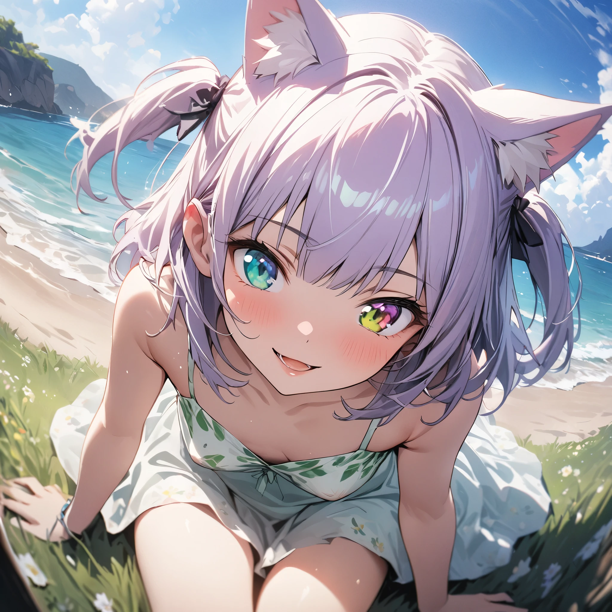 Furry-character, pink hair, on the knees, bent over, crotchless panties,, beach, night, kids on the background watching