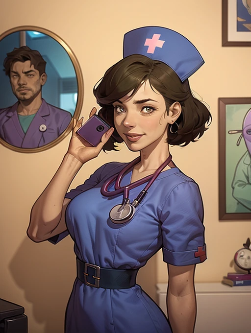 um close de uma pessoa com um vestido verde segurando um telefone celular, doutor, (doutor), medical doutor, enfermeira, a mischievous alien nurse robot, stethoscope!, inspirado em Doc Hammer, surgeon, doutors mirror, terno de couro de enfermeira, even model | digite germe, fundo hospitalar, art cover illustration, Fantasia de enfermeira