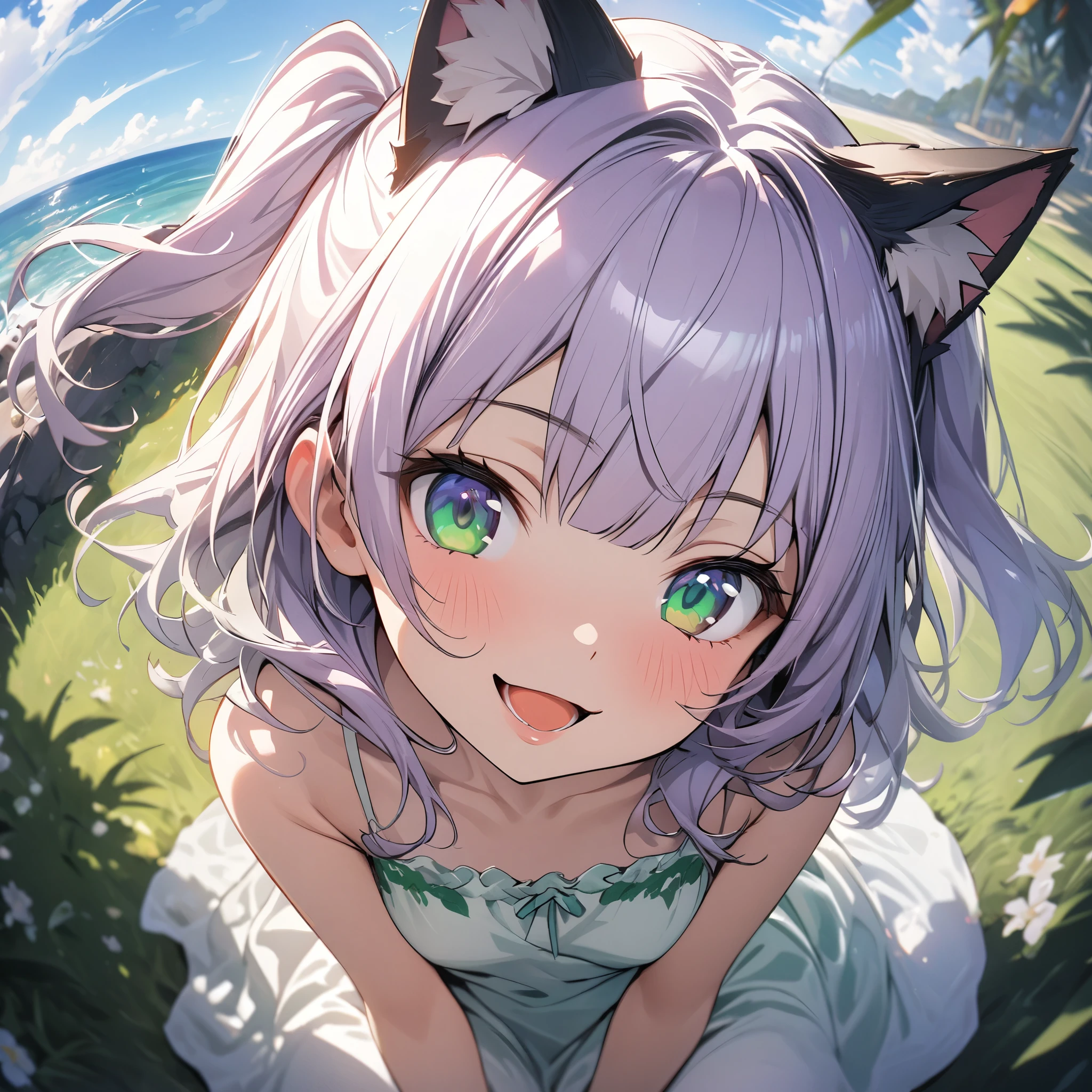 Anime girl with cat ears and green eyes sitting on a blanket - SeaArt AI