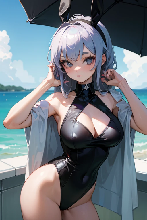 masterpiece, high quality, extremely detailed, 1woman, solo, 4K, Masterpiece, highres, absurdres, edgBunny, a woman in a black bathing suit posing,wearing edgBunny,