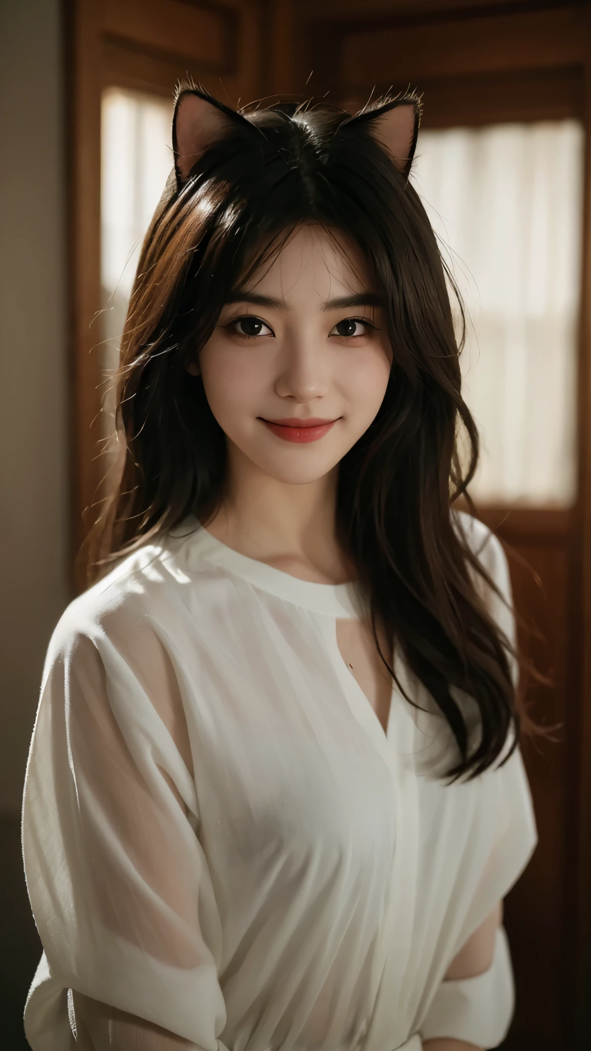 (((Medium hair))), best qualtiy, 8K, hdr, A high resolution, absurderes:1.2, blur backgroun, Background bokeh:1.2, photography of, (RAW photo:1.2), (真实感:1.4), (Masterpiece:1.3), (complexdetails:1.2), 1girll, 独奏, japanaese girl, delicated, Beautiful detailed, (Detailed eyes), (Detailed facial features), Bigboobs, (((Large breasts))), Skin Firm, (Looking_at_peeping at the viewer), From_Front, (being thin),(best qualtiy:1.4),(超A high resolution:1.2),cinematic lighitnglamplight,(Extremely detailed illustration),(Gloss on lips,best qualtiy,超A high resolution,depth of fields,Caustics,Extensive illumination,naturalshadow,85mm, f/1.4, iso 200, 1/160s:0.75),1girll, Solo, (((Silk vest))) Smile, ((silk garment,pleatedskirt,Classroom))