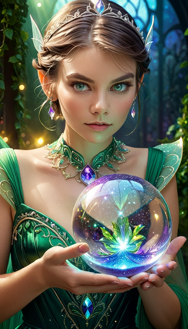 A beautiful elf girl with Lauren Cohan's face, small elf's ears, holding a magical glass sphere, wearing a stunning princess dress, surrounded by a magical aura, magical sparkles, (best quality,4k,8k,highres,masterpiece:1.2),ultra-detailed,(realistic,photorealistic,photo-realistic:1.37),extremely detailed eyes and face,longeyelashes,detailed dress,intricate magical glass sphere,mystical aura,fantasy,concept art,vibrant colors,dramatic lighting