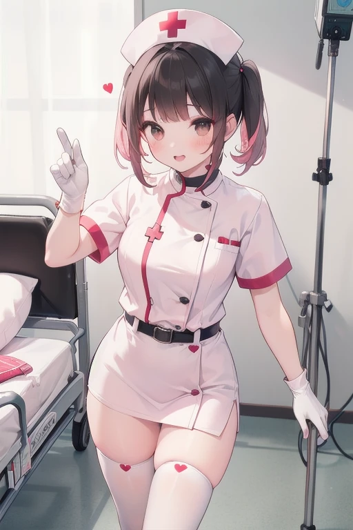 1girl, solo, nurse, nurse cap, white wear, ((white legwear, zettai ryouiki)), white gloves, pink hair,  drooping eyes, ((covered nose)), standing, ((hospital room)), sharp outline, short sleeves, best quality, masterpiece，Fleshy，Brown eyes，Fleshy，Black hair，happy，lol，Heart，belt