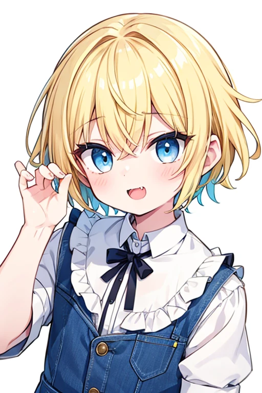 A boy with short yellow hair、With light blue eyes、Mouth is open、Has small fangs