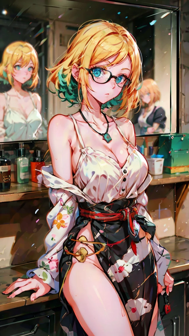 colorful ink splash, ((highest quality)), ((masterpiece)),High resolution (High Dynamic Range),Ray tracing, Super Resolution, (((anime screencap, black outline, Written boundary depth , written soft outline))), blur, bokeh, Maximum clarity and sharpness,Multilayer Texture,surface shading,Accurate simulation of light-matter interactions,Perfect Proportions,Two-tone lighting, White balance,8K, limit only one woman, BREAK beautiful hair, Beautiful Face, Beautiful and beautiful eyes, Beautiful body, Beautiful breasts, Beautiful thighs, Beautiful feet, Beautiful fingers, (Beautiful views) , breast enlarged, large breast, perky tits, (blush, 20 years, seductive adult woman , anime gyaru , Narrow eyes) , streaked hair, hair intakes, colored inner hair, BREAK (light green,white,light pink, spring-color-outfit:1.3), nail art, necklace, braidal ring wearing glasses, wearing a watch BREAK (((portrait, close up, cowboy shot, looking at viewer, \(face waiting for kiss\):1.3))), BREAK (sitting, a girl makeup In front of vanity table Mirror:1.3, natural make),BREAK flowers artwork, fashion magazine , circle icon
