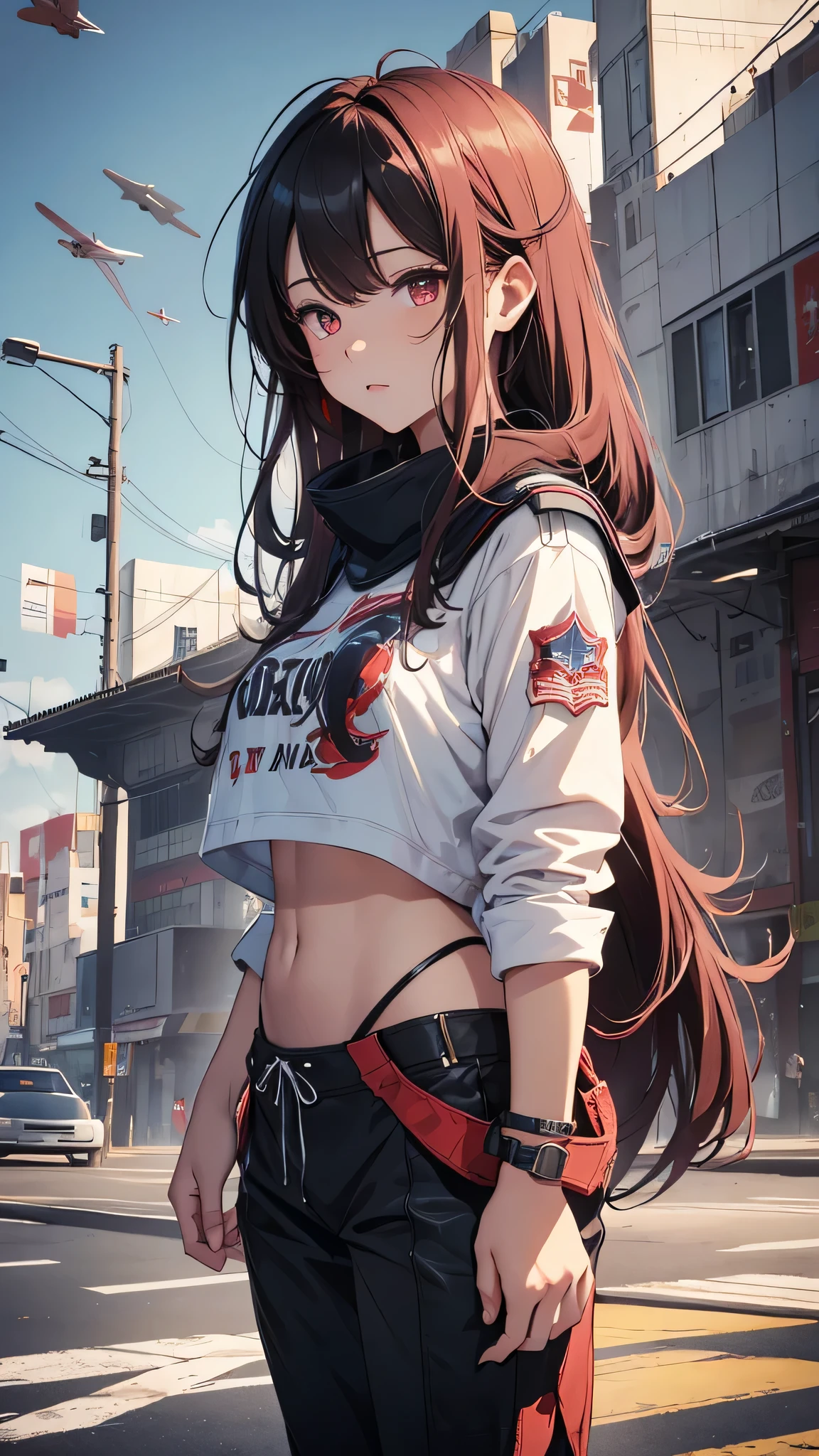 Highest quality、Highest quality、Masterpiece、girl((American、half、18-year-old、as soon as、Highest Bust、Medium Bust、Wide open chest、Red glowing eyes、Black Ear、Red Mesh、Disheveled Hair、Loincloth、thin、The best valley、Open chest、hair ornaments、Full body view、pants、shortTshirt、Random Pause))、high quality、Beautiful Art、background((military base))、flight、Flying Debris、Depth of text、movie、Visual Arts、Perfect Art、8K、Genuine、Special Angles