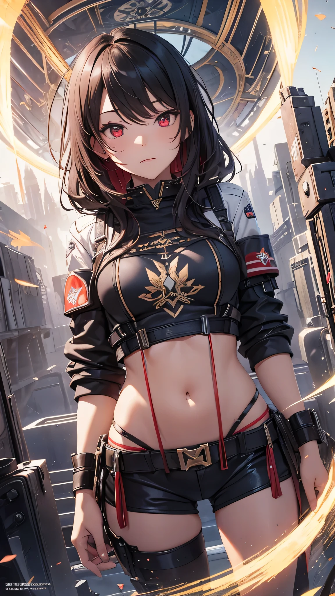 Highest quality、Highest quality、Masterpiece、girl((American、half、18-year-old、as soon as、Highest Bust、Medium Bust、Wide open chest、Red glowing eyes、Black Ear、Red Mesh、Disheveled Hair、Loincloth、thin、The best valley、Open chest、hair ornaments、Full body view、pants、shortＴshirt、Random Pause))、high quality、Beautiful Art、background((military base))、flight、Flying Debris、Depth of text、movie、Visual Arts、Perfect Art、8K、Genuine、Special Angles