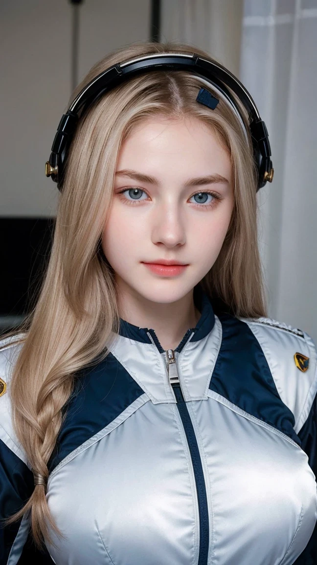 ((best quality)), realistic, Optical Realism, realistic, high resolution, beautiful, Young face, 17 years old, white skin, Pale skin, large breast, Fighting posture, Looking at the camera, (detailed face), Curtain hair, blonde hair, (wearing a pilot suit, High-tech headgear, Mecha set), (The color of the fabric depends on black.), full figure, full body shot,laboratory,Nasa,