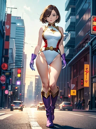 1girl, medium breasts, ((leotard, white and red leotard, sleeveless, bare legs)), ((tight belt, gold belt)), ((boots, matching boots, ankle boots, white boots)), ((gloves, white gloves)), city backdrop, tokyo city backdrop, solo, single, hands on hip, standing, ((full body shot)), cowboy shot, superhero, beautiful detailed eyes, mature lady, (gold star symbol on chest), (brown hair, short hair, bob hair, purple eyes), (perfect anatomy), masterpiece