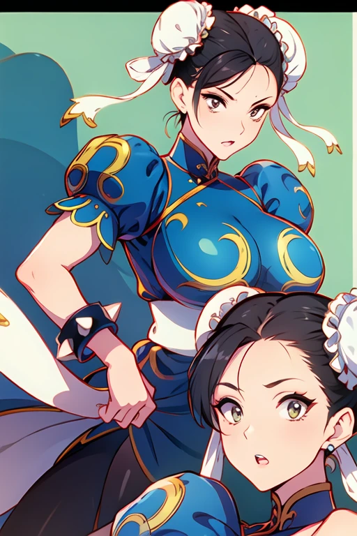 (masterpiece, best quality:1.3), 2female, , wide hips, thick thighs, chun-li, front view, sweaty,  sweaty body, , holding nose, perfect face, nervus , chun-li tower over , portrait shot, 1/3 view, large nipples, see through clothes, curvy, small  looking up at chun li, asking for  autograph, fan