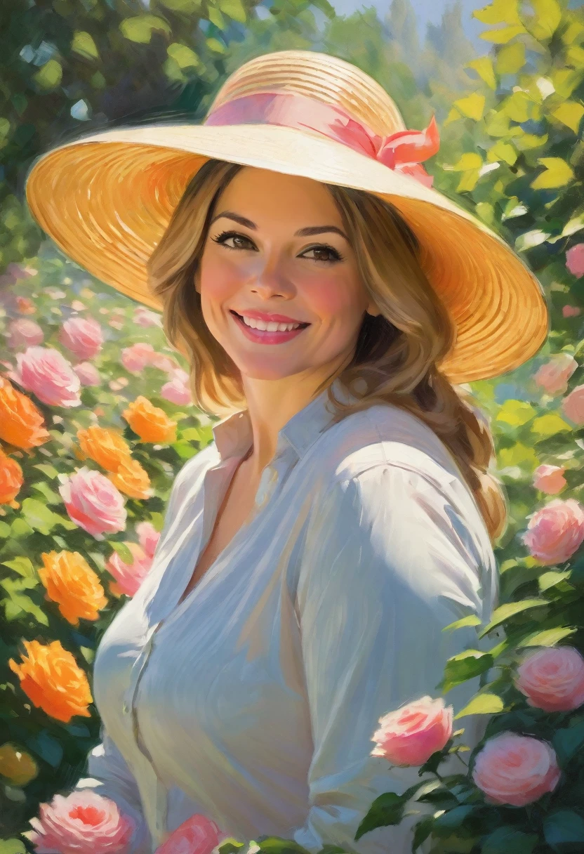 Portrait of a smiling woman, 40 years old, fat body,
with straight dark blonde hair down to her shoulders and a hat, surrounded by a lush, impressionistic garden. The scene is rendered in a digital oil painting style, reminiscent of Claude Monet's impressionist touch. Brushstrokes should be visible and vibrant, with a rich palette of greens, yellows, pinks and oranges to evoke the beauty of a sunlit floral setting. The woman's expression is one of contentment and joy, capturing the natural beauty and serenity of the garden around her. The artwork should be filled with light and color, reflecting Monet's focus on capturing the momentary effects of light in his work.