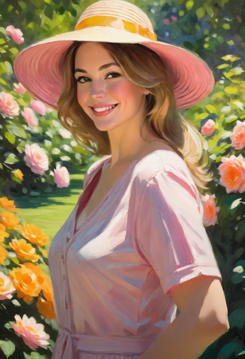 Portrait of a smiling woman, 40 years old, fat body,
with straight dark blonde hair down to her shoulders and a hat, surrounded by a lush, impressionistic garden. The scene is rendered in a digital oil painting style, reminiscent of Claude Monet's impressionist touch. Brushstrokes should be visible and vibrant, with a rich palette of greens, yellows, pinks and oranges to evoke the beauty of a sunlit floral setting. The woman's expression is one of contentment and joy, capturing the natural beauty and serenity of the garden around her. The artwork should be filled with light and color, reflecting Monet's focus on capturing the momentary effects of light in his work.