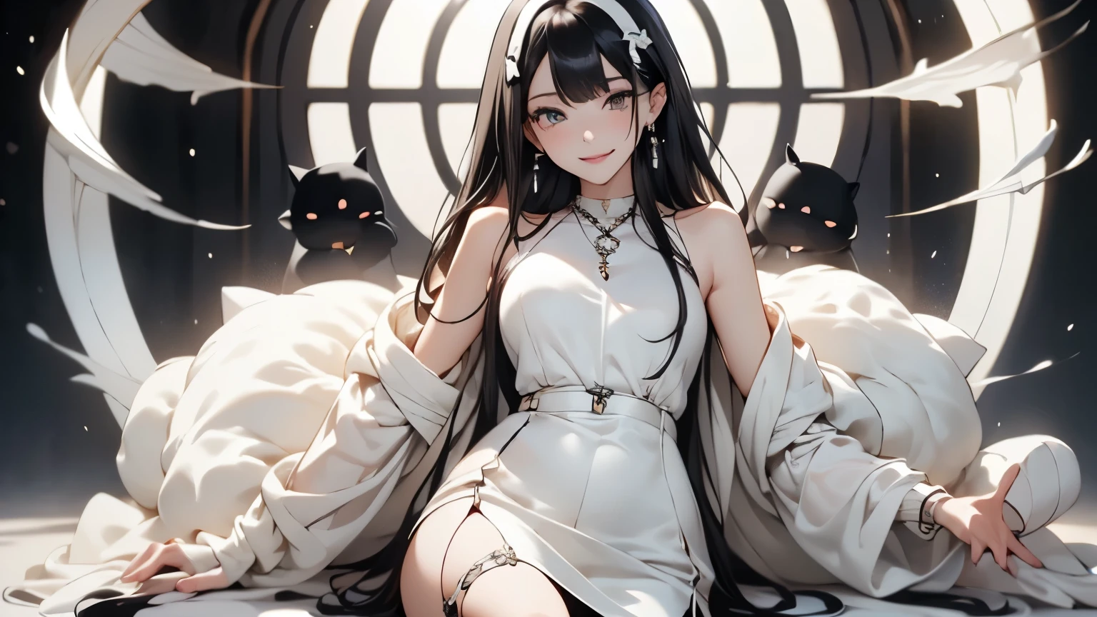 ((Biologically correct limb count))、(( 顔を含むwhole body))、4K、masterpiece、((Focus on the face))、((Symmetrical facial features))、The eyes are detailed、Beautiful woman、Excellent style、Beautiful arms、Beautiful feet、Beautiful Hands、(slim)、Drawing facial details、Small earrings、necklace、(White and uniform gloss、Shiny Dress、High heels、Glowing Skin）smile、（Beautiful feetのアップ）、Sweat、(((Black and White)))、Realistic illustrations,Reading a book,whole body